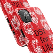 Load image into Gallery viewer, Phone Case in Red with DST Crest in White and DST for Life in Black
