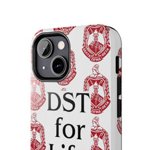 Load image into Gallery viewer, Phone Case in White with DST Crest in Red and DST for Life in Black
