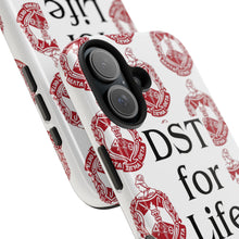 Load image into Gallery viewer, Phone Case in White with DST Crest in Red and DST for Life in Black
