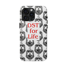 Load image into Gallery viewer, Phone Case in White with the DST Crest in Black and DST for Life in Red
