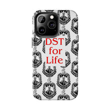 Load image into Gallery viewer, Phone Case in White with the DST Crest in Black and DST for Life in Red
