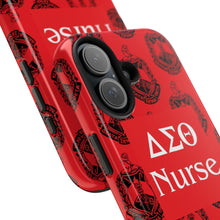 Load image into Gallery viewer, Phone Case in Red with DST Crest in Black with DST Nurse Theme
