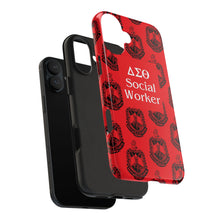 Load image into Gallery viewer, Phone Case in Red with DST Crest in Black with DST Social Worker Theme
