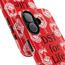 Load image into Gallery viewer, Phone Case in Red with DST Crest in White and DST for Life in Black
