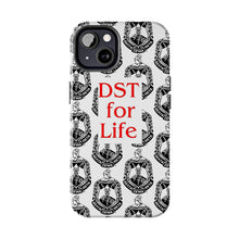 Load image into Gallery viewer, Phone Case in White with the DST Crest in Black and DST for Life in Red
