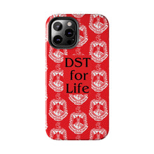 Load image into Gallery viewer, Phone Case in Red with DST Crest in White and DST for Life in Black
