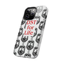 Load image into Gallery viewer, Phone Case in White with the DST Crest in Black and DST for Life in Red
