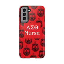 Load image into Gallery viewer, Phone Case in Red with DST Crest in Black with DST Nurse Theme
