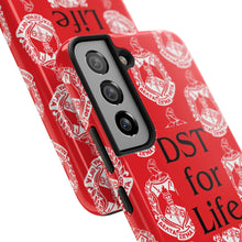 Load image into Gallery viewer, Phone Case in Red with DST Crest in White and DST for Life in Black
