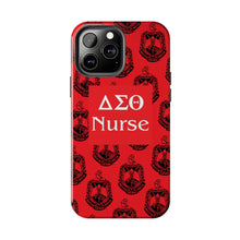 Load image into Gallery viewer, Phone Case in Red with DST Crest in Black with DST Nurse Theme
