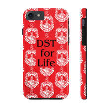 Load image into Gallery viewer, Phone Case in Red with DST Crest in White and DST for Life in Black
