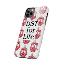 Load image into Gallery viewer, Phone Case in White with DST Crest in Red and DST for Life in Black
