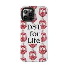 Load image into Gallery viewer, Phone Case in White with DST Crest in Red and DST for Life in Black
