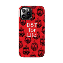 Load image into Gallery viewer, Phone Case in Red with DST Crest in Black with DST for Life in White
