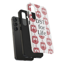 Load image into Gallery viewer, Phone Case in White with DST Crest in Red and DST for Life in Black
