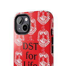 Load image into Gallery viewer, Phone Case in Red with DST Crest in White and DST for Life in Black
