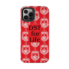 Load image into Gallery viewer, Phone Case in Red with DST Crest in White and DST for Life in Black
