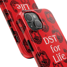 Load image into Gallery viewer, Phone Case in Red with DST Crest in Black with DST for Life in White
