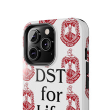 Load image into Gallery viewer, Phone Case in White with DST Crest in Red and DST for Life in Black
