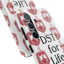 Load image into Gallery viewer, Phone Case in White with DST Crest in Red and DST for Life in Black
