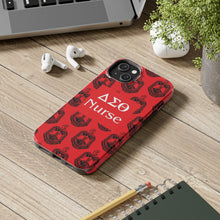 Load image into Gallery viewer, Phone Case in Red with DST Crest in Black with DST Nurse Theme
