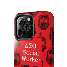 Load image into Gallery viewer, Phone Case in Red with DST Crest in Black with DST Social Worker Theme
