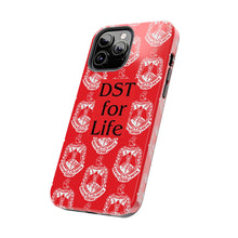 Load image into Gallery viewer, Phone Case in Red with DST Crest in White and DST for Life in Black
