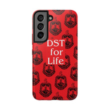 Load image into Gallery viewer, Phone Case in Red with DST Crest in Black with DST for Life in White
