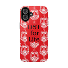 Load image into Gallery viewer, Phone Case in Red with DST Crest in White and DST for Life in Black
