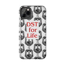 Load image into Gallery viewer, Phone Case in White with the DST Crest in Black and DST for Life in Red
