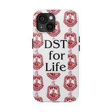 Load image into Gallery viewer, Phone Case in White with DST Crest in Red and DST for Life in Black
