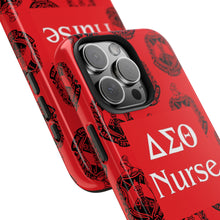 Load image into Gallery viewer, Phone Case in Red with DST Crest in Black with DST Nurse Theme
