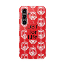 Load image into Gallery viewer, Phone Case in Red with DST Crest in White and DST for Life in Black
