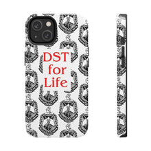 Load image into Gallery viewer, Phone Case in White with the DST Crest in Black and DST for Life in Red
