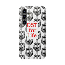 Load image into Gallery viewer, Phone Case in White with the DST Crest in Black and DST for Life in Red
