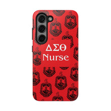 Load image into Gallery viewer, Phone Case in Red with DST Crest in Black with DST Nurse Theme
