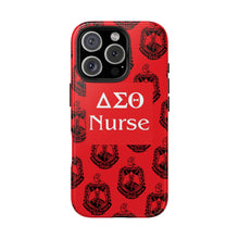 Load image into Gallery viewer, Phone Case in Red with DST Crest in Black with DST Nurse Theme
