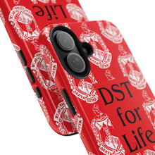 Load image into Gallery viewer, Phone Case in Red with DST Crest in White and DST for Life in Black
