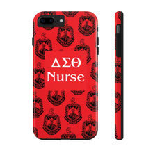 Load image into Gallery viewer, Phone Case in Red with DST Crest in Black with DST Nurse Theme
