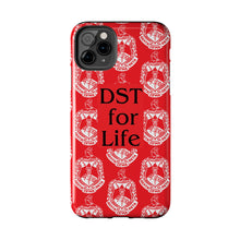 Load image into Gallery viewer, Phone Case in Red with DST Crest in White and DST for Life in Black
