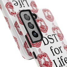 Load image into Gallery viewer, Phone Case in White with DST Crest in Red and DST for Life in Black
