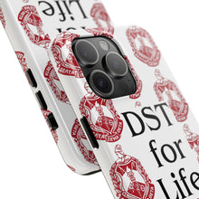 Load image into Gallery viewer, Phone Case in White with DST Crest in Red and DST for Life in Black
