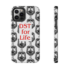 Load image into Gallery viewer, Phone Case in White with the DST Crest in Black and DST for Life in Red
