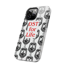 Load image into Gallery viewer, Phone Case in White with the DST Crest in Black and DST for Life in Red
