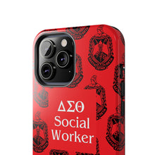 Load image into Gallery viewer, Phone Case in Red with DST Crest in Black with DST Social Worker Theme
