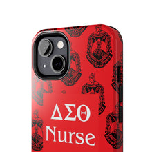 Load image into Gallery viewer, Phone Case in Red with DST Crest in Black with DST Nurse Theme
