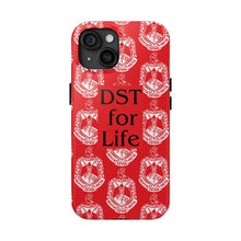 Load image into Gallery viewer, Phone Case in Red with DST Crest in White and DST for Life in Black
