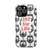 Load image into Gallery viewer, Phone Case in White with the DST Crest in Black and DST for Life in Red
