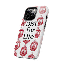 Load image into Gallery viewer, Phone Case in White with DST Crest in Red and DST for Life in Black
