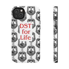 Load image into Gallery viewer, Phone Case in White with the DST Crest in Black and DST for Life in Red
